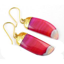 1 Paio Rosa Naturale Fasciato Agata Delicato 24k Placcato Or