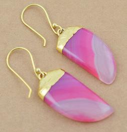 1 Paio Rosa Naturale Fasciato Agata Gemma 24k Placcato Oro D