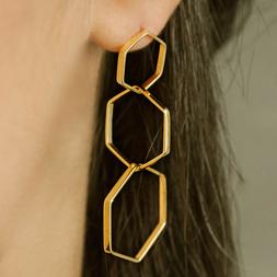 18 Carati Vero Solido Oro Giallo Geometrico Esagonale Lungo 