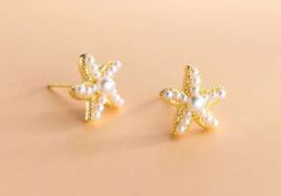 Stella Marina Dorato Con Perle Zirconi Bianchi 925 Sterling 