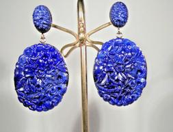 Pendenti Orecchini Blu Lunghi Ovali Stile 1950s Fiori