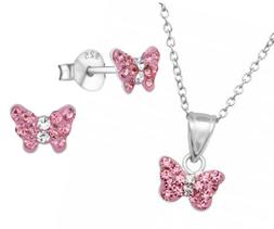 Bambina Argento 925 Sterling Farfalla Rosa Cristallo Parure 