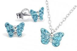 Bambina Argento 925 Sterling Farfalle Blu Cristallo Parure C