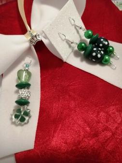 Ciondolo Verde Quadrifoglio Acciaio + Orecchini