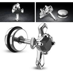 Finto Piercing Uomo Acciaio Pulce A Vite Croce Nero Qfx106
