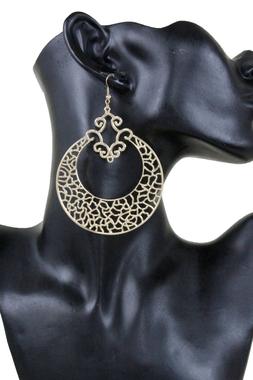 Donna Grande Moda Gancio Orecchino Set Metallo Oro Rotondo E