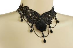 Donna Nero Tessuto Pizzo Goth Moda Collana Girocollo Perle P