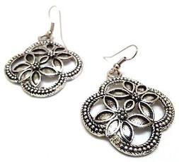 Floreale Argento Ossidato Orecchino Gancio Pendenti Lungo Et