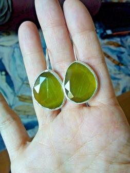 Pendenti Argentati Con Occhio Di Gatto Verde Lime - Nuovi
