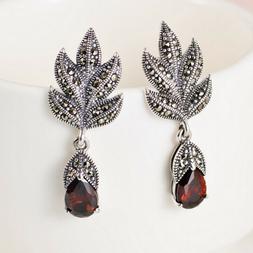 Argento 925 Foglia Acero Con Marcasite Gocce Dal Rosso Crist