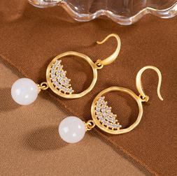 Argento 925 Dorato Sfera Di Giada Cerchio Con Piccoli Crista