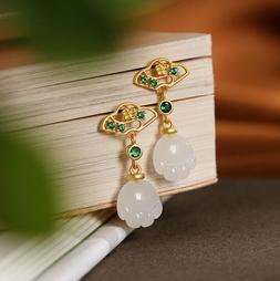 Argento 925 Dorato Zampa Orma Di Bianca Giada Verde Cristall