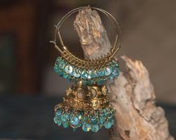 Indian Gold Tone Blue Sequin Large Gypsy Jhumka Hoop Earring