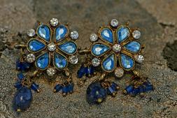 Indian Gold Tone Blue Sparkly Beaded Earrings