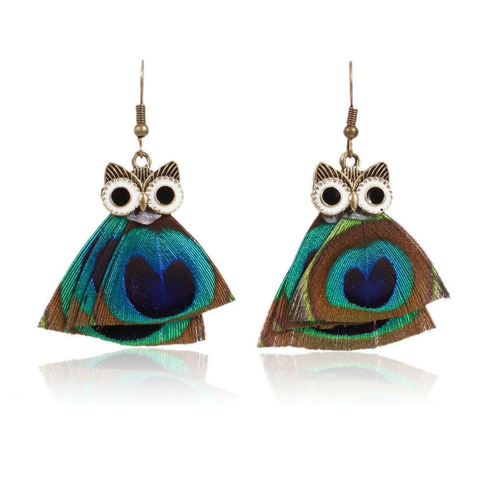 banedita vintage gufo peacock piuma orecchini per