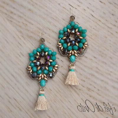 bellissimi orecchini pendenti grigi verdi dorati nappine