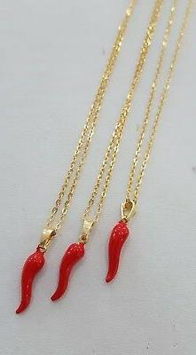 COLLANA ARGENTO 925 DORATA CIONDOLO CORNETTO SMALTATO ROSSO 