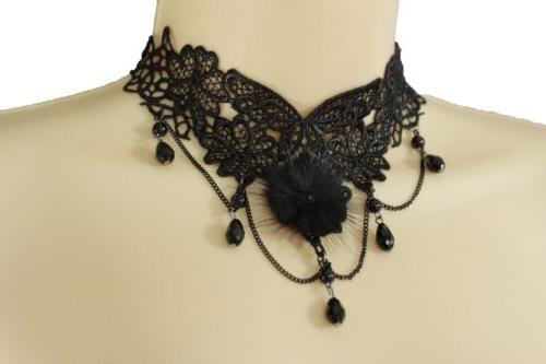 donna nero tessuto pizzo goth moda collana