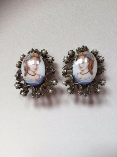 earrings clips antique style ceramic pearl orecchini