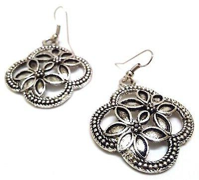 floreale argento ossidato orecchino gancio pendenti lungo