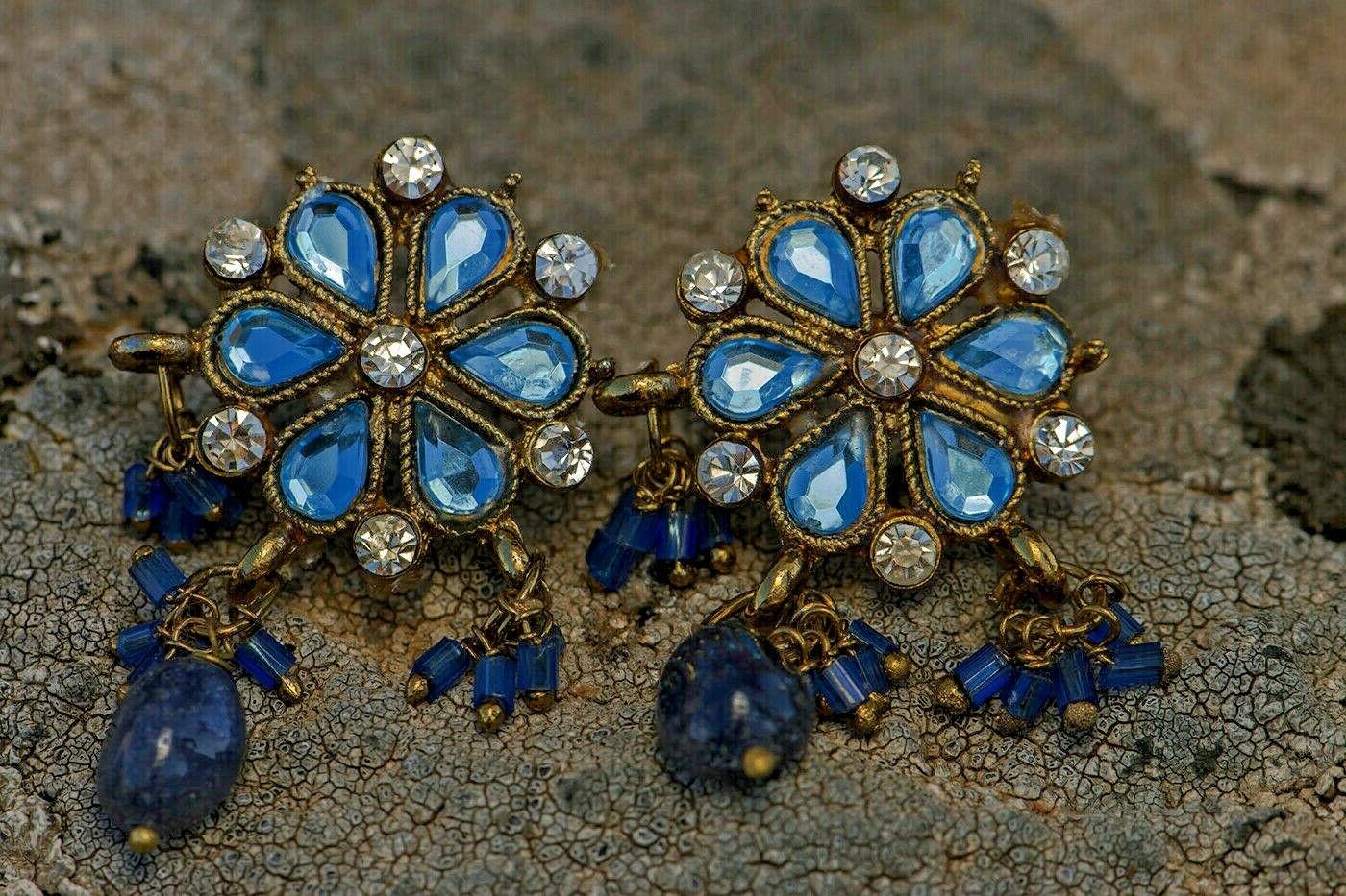 indian gold tone blue sparkly beaded earrings