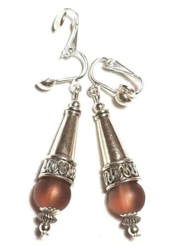lungo argento marrone clip on orecchini vetro