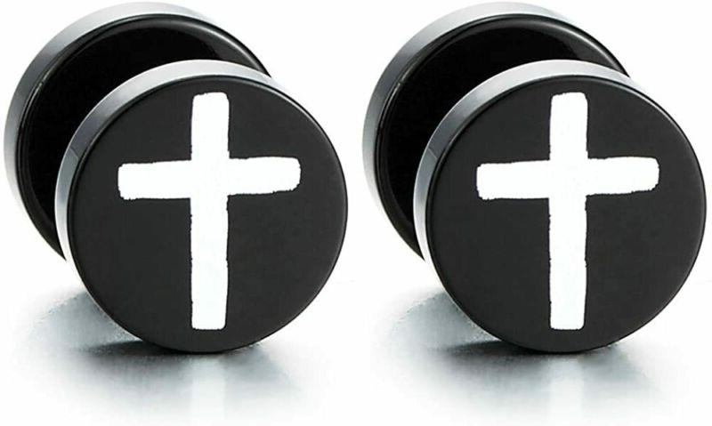 nero cerchio bianco croce orecchini da uomo