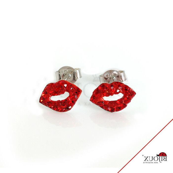 orecchini argento 925 bocca con brillantini rosso