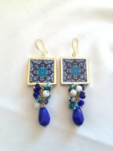 orecchini blu elettrico maiolica oro grappoletti blu