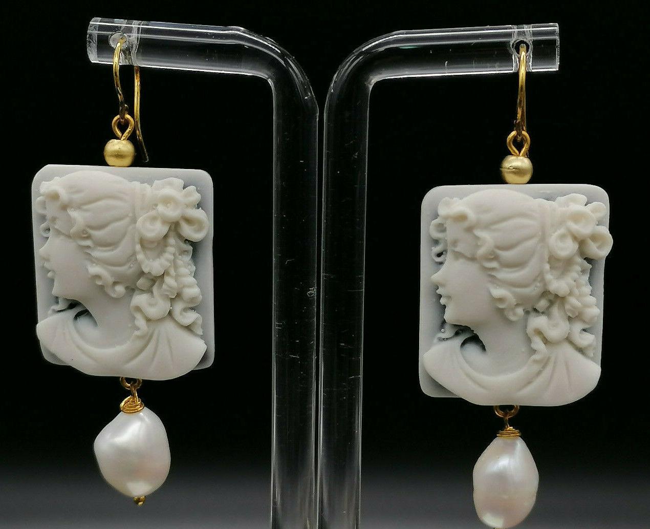 orecchini cammei pendenti con perla e argento