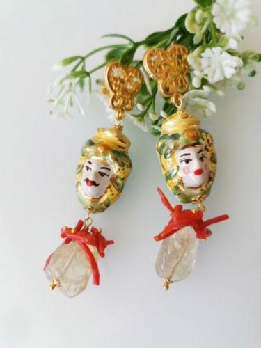 orecchini ceramica di caltagirone quarzo citrino e