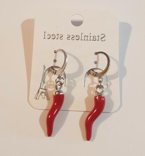 orecchini cerchietto con pendenti cornetto rosso