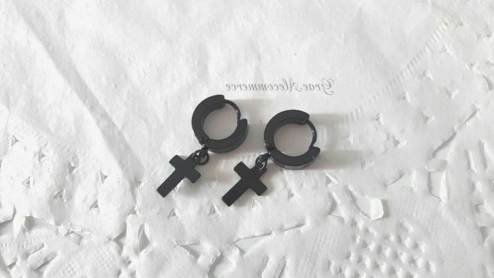 orecchini cerchietto croce nera classica acciaio pendente