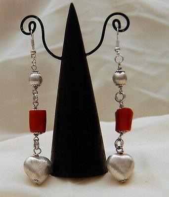 orecchini cuore ottone color argento corallo rosso