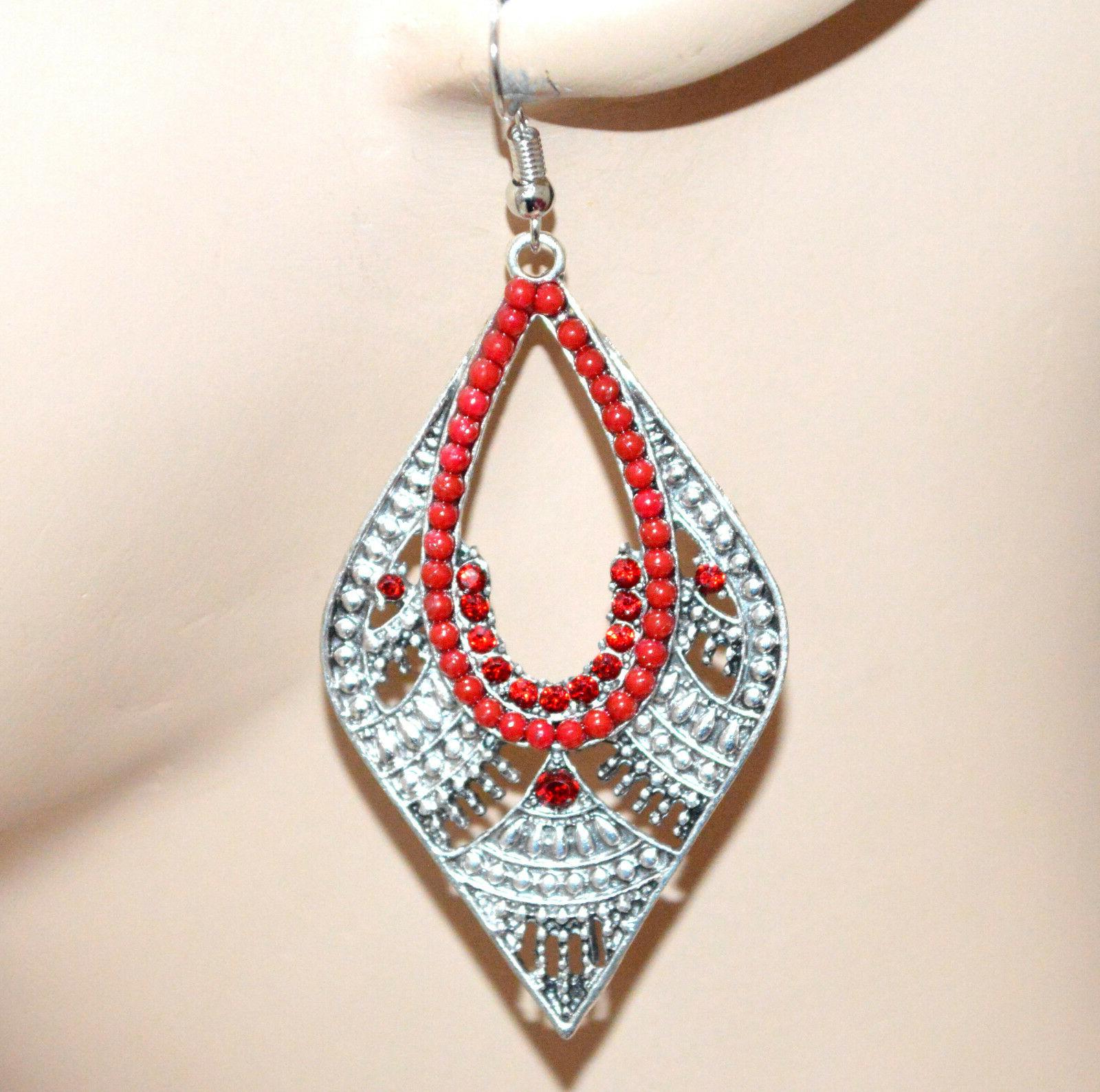 orecchini donna argento strass perline rosse etnici