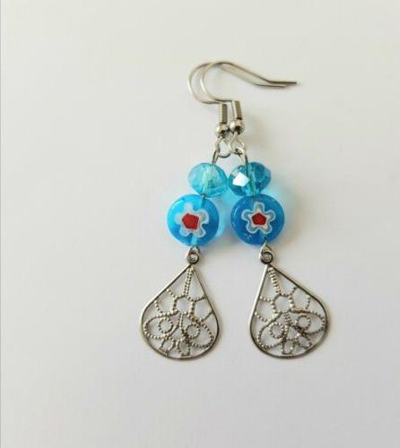 orecchini donna pendenti acciaio chirurgico blu millefiori
