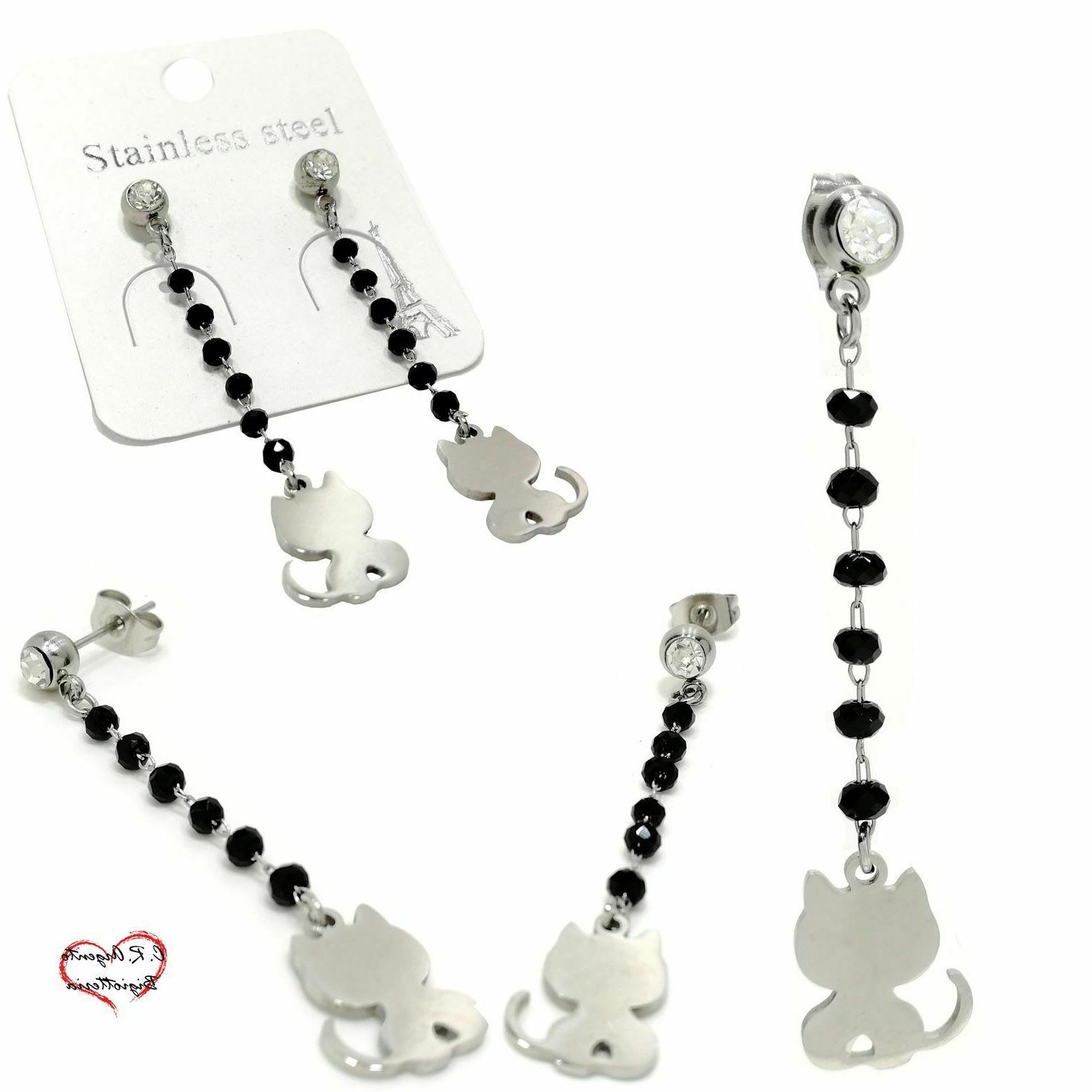 orecchini donna pendenti neri con gatto cristalli
