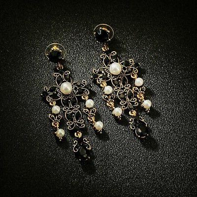 orecchini dorato lampadario croce pizzo perle nero