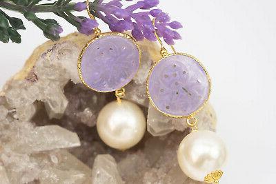 orecchini giada lavanda incisa grandi perle ottone