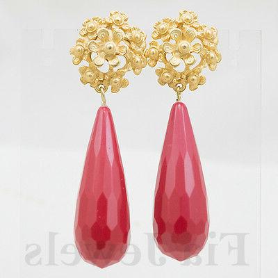 orecchini goccia corallo rosso sfaccettato fiori filigranati