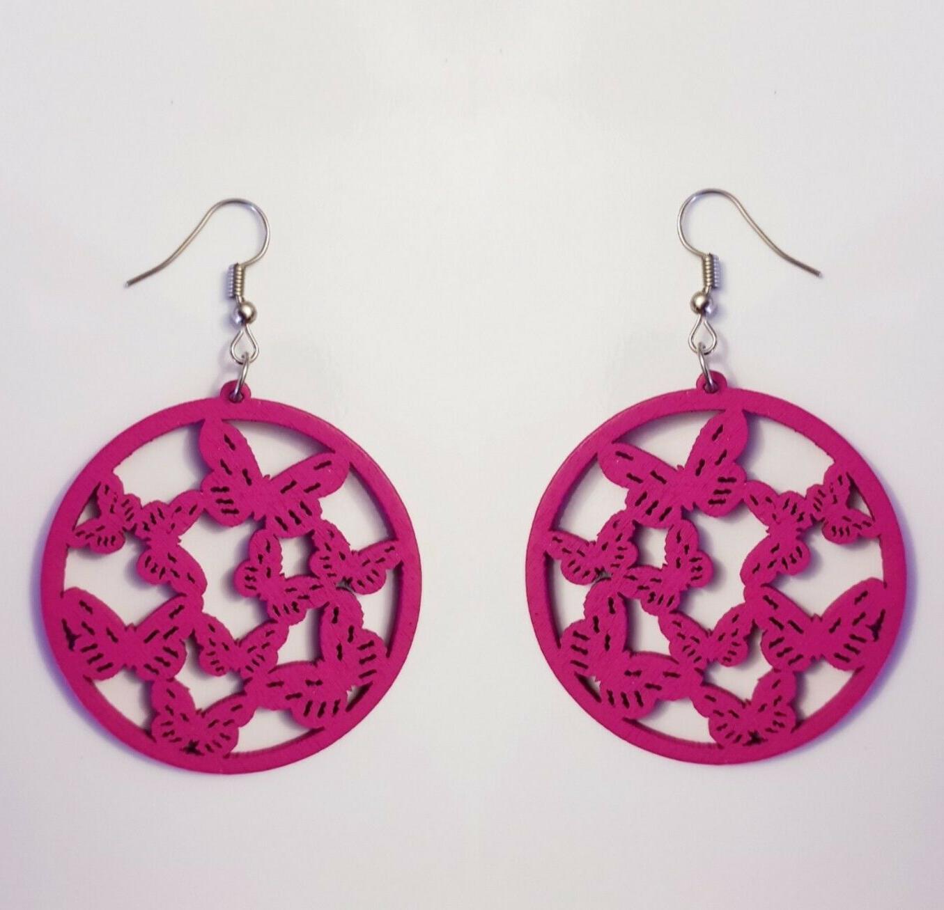 orecchini in legno filigrana colore fucsia misure