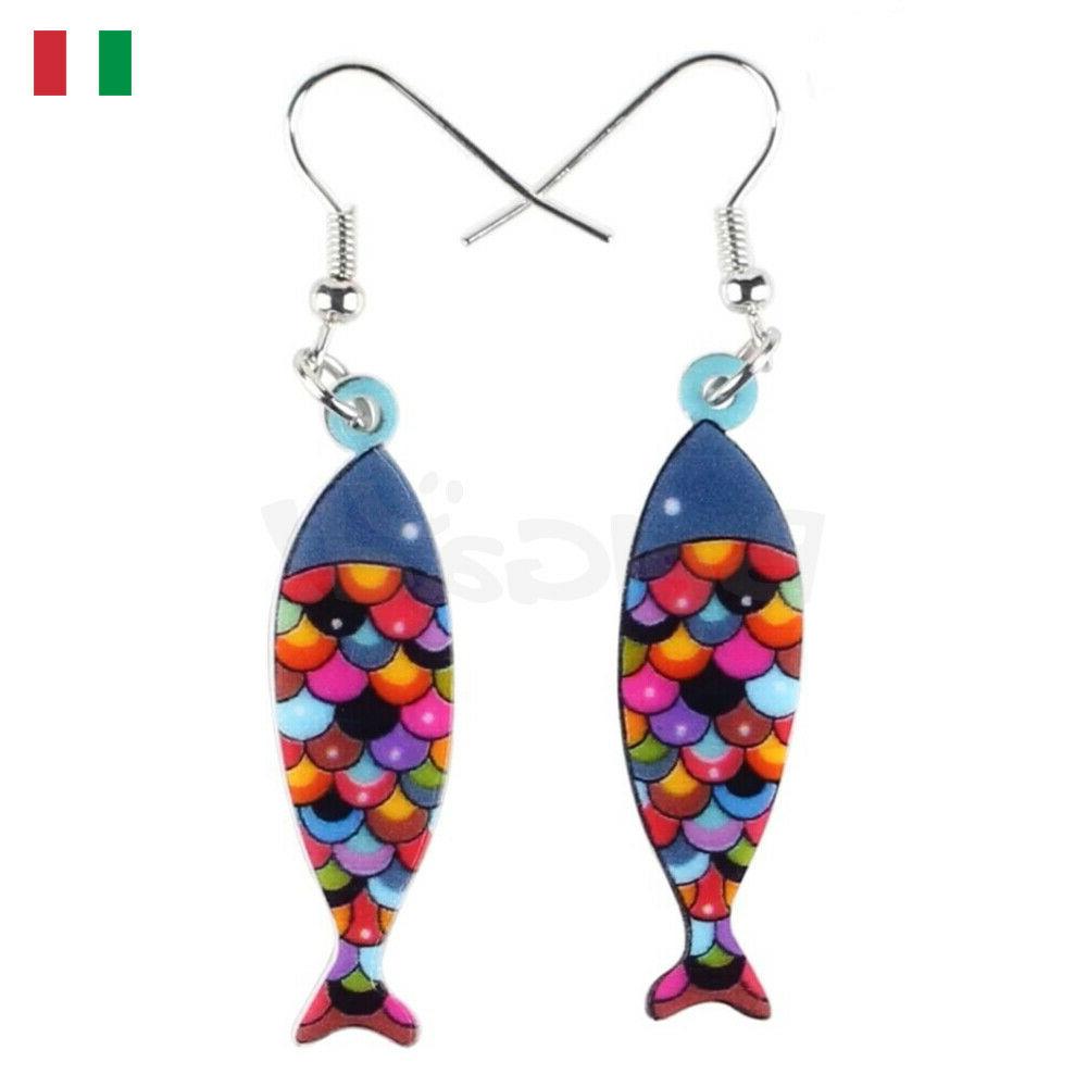 orecchini lunghi a goccia pesce acrilico multicolore