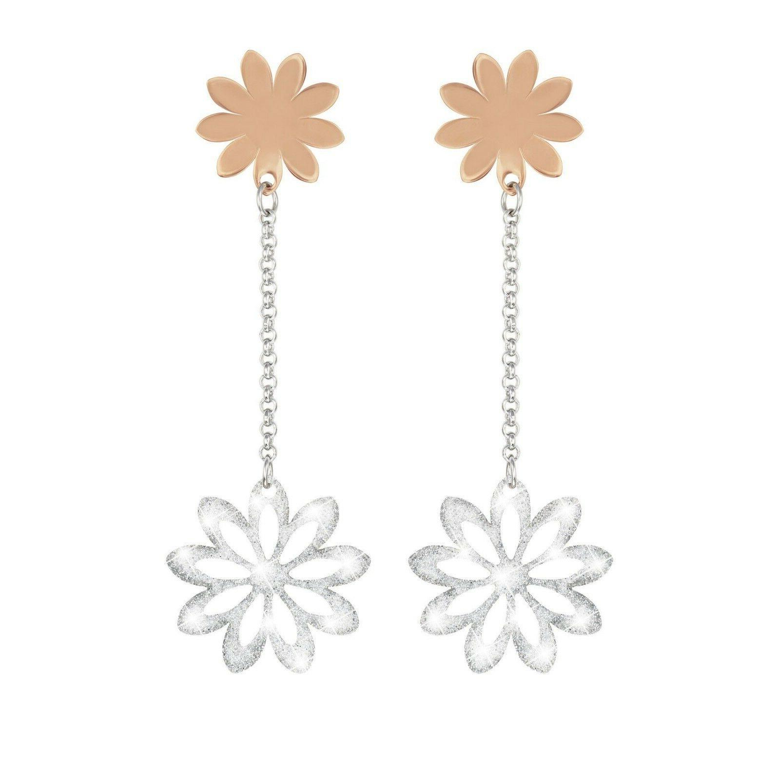 orecchini lunghi donna ottone bianco rosa fiore