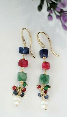 Lunghi Rubino Smeraldo Zaffiro Perle Argento 925 Placcato Or