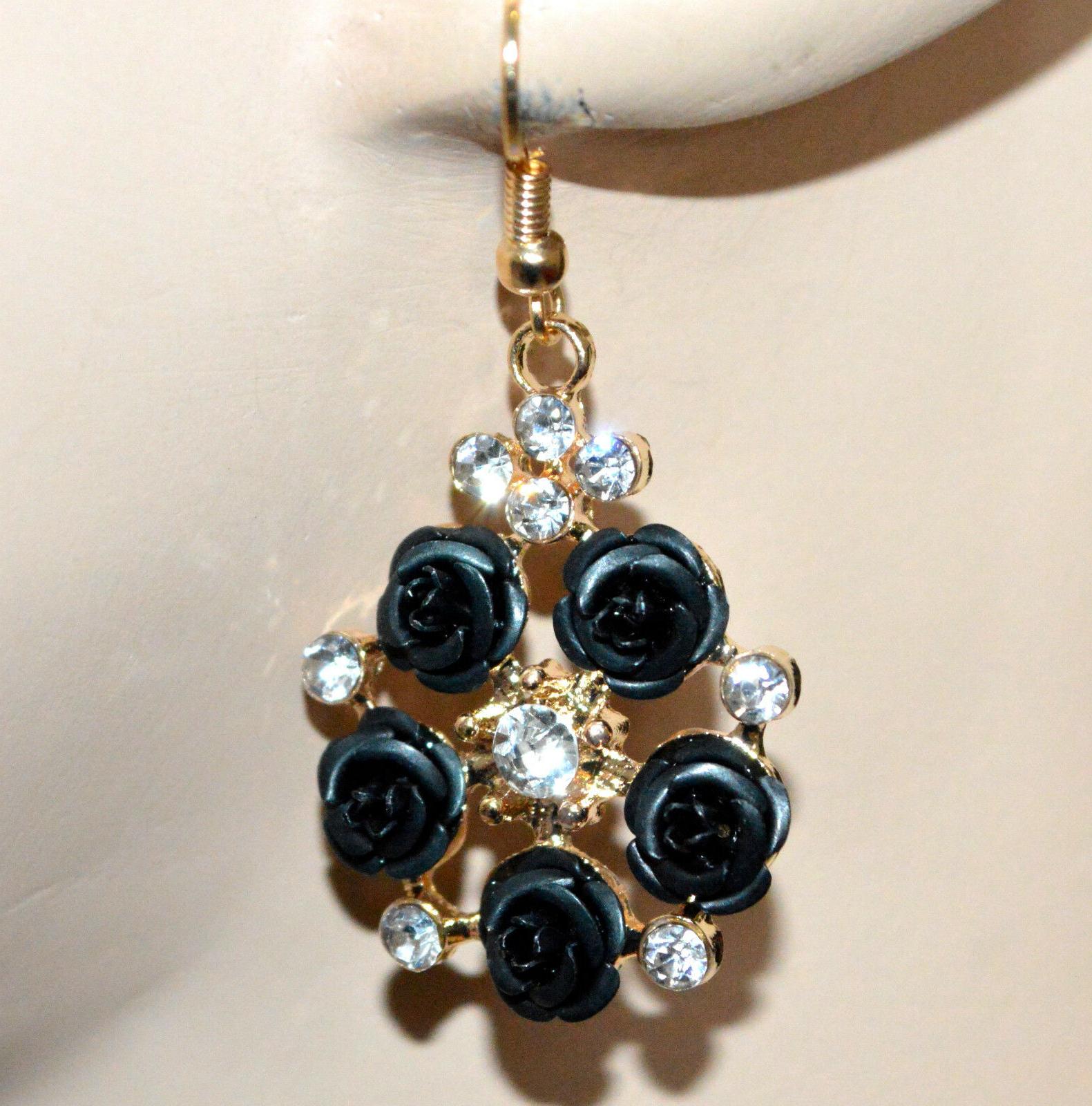 orecchini oro strass fiori neri donna pendenti