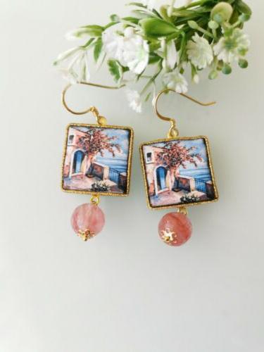 orecchini pendenti ceramica caltagirone pietre quarzo rosa