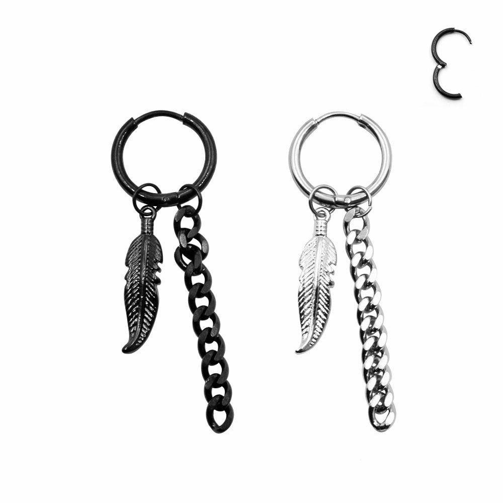 orecchini pendenti con catena e piume acciaio