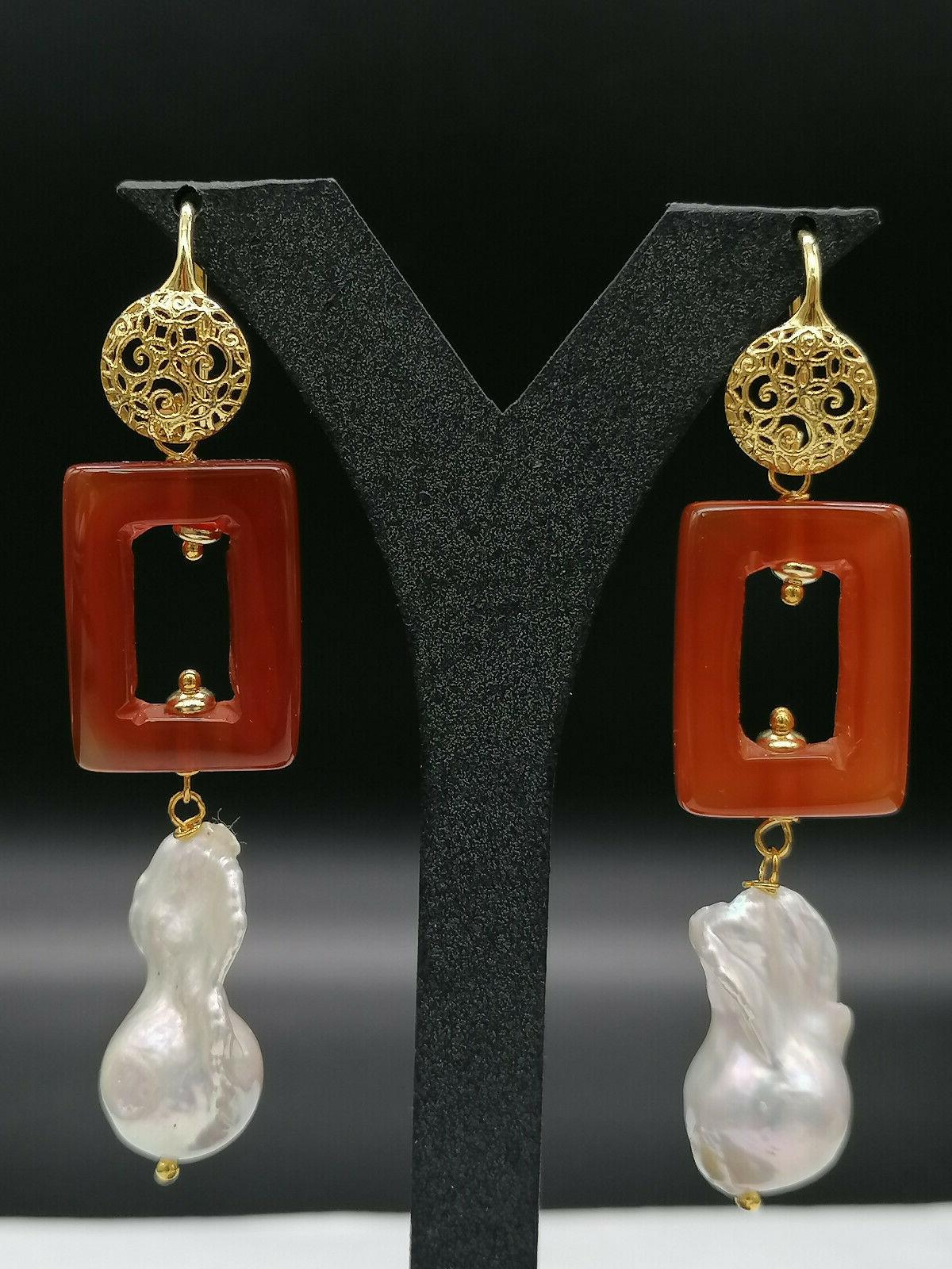 orecchini pendenti lunghi perla corniola argento 925