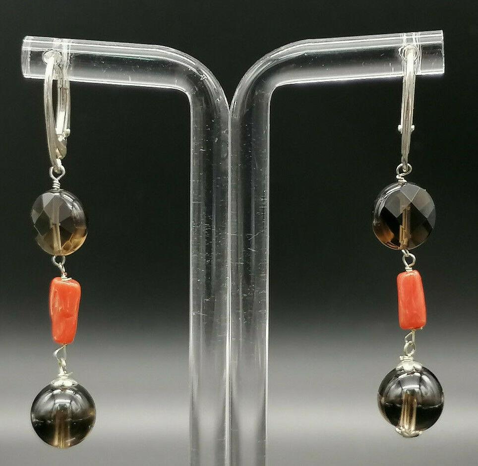 orecchini pendenti quarzo fume e corallo rosso