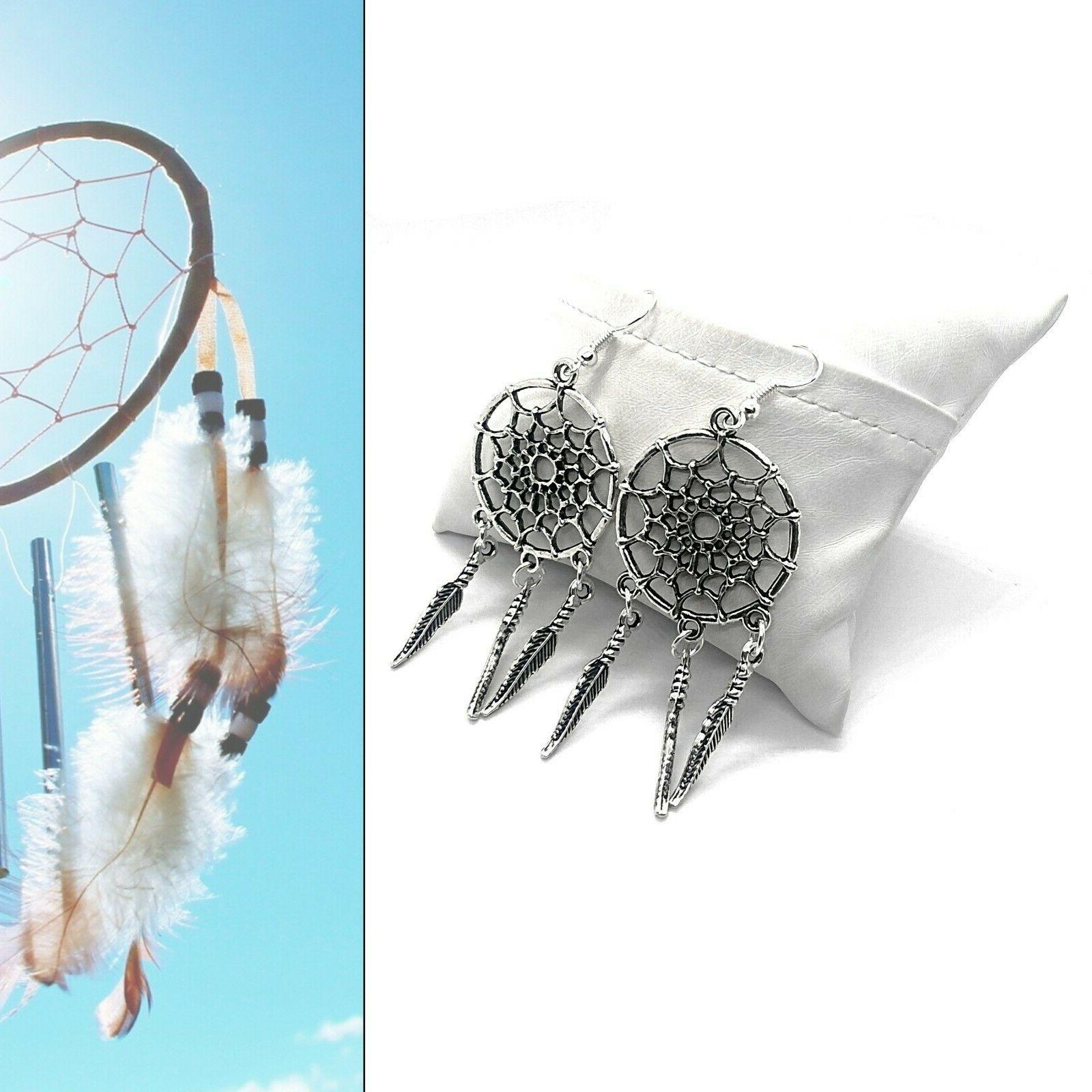 orecchini pendenti tela acchiappasogni ciondolo con piuma